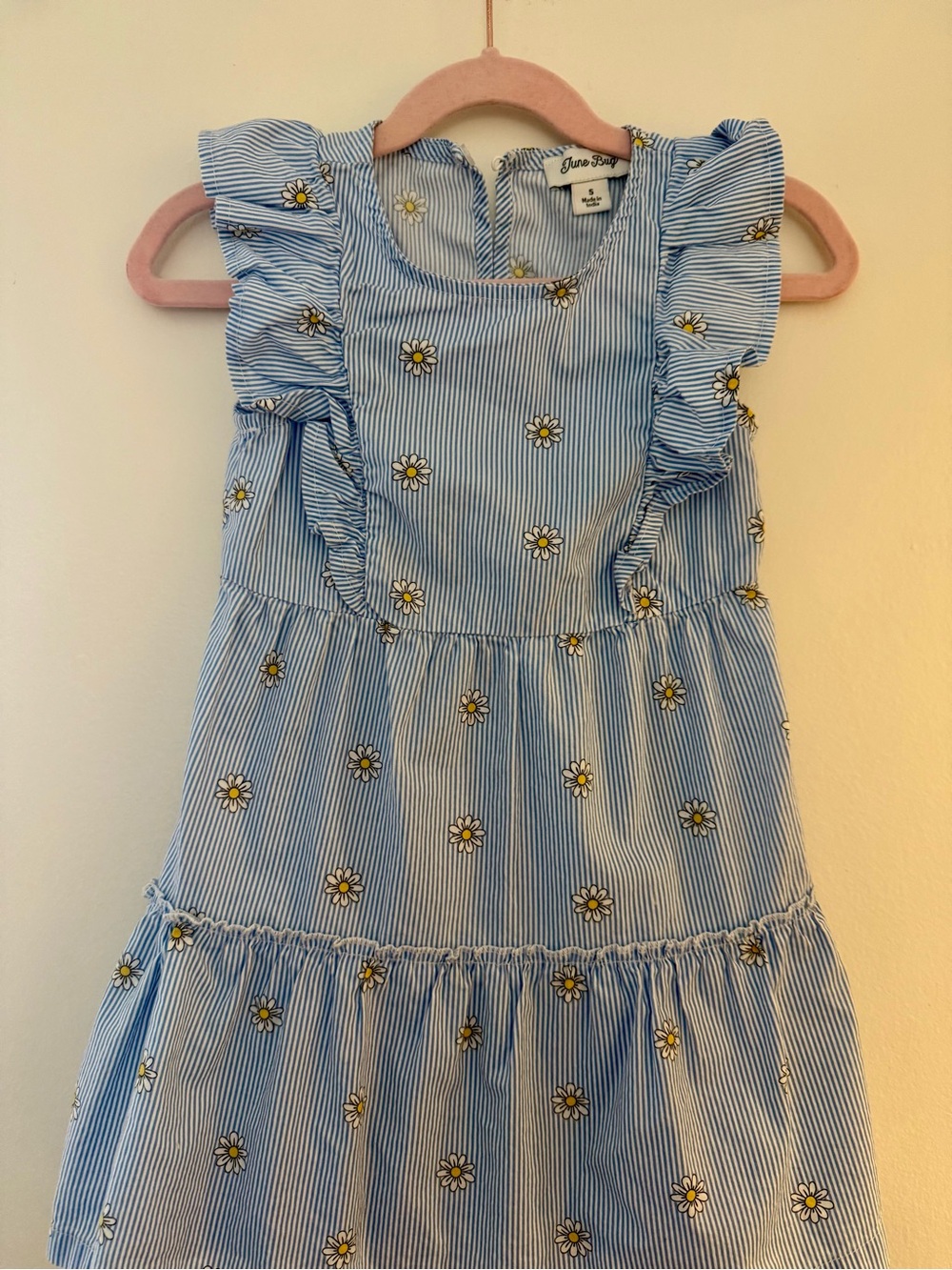 Blue Striped Daisy Print Kids Dress - Cute Ruffle Sundress- Size 5